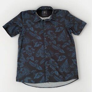 Fried Denim Hawaiian Floral Shirt Men's XL Black Blue Print Slim Fit Button Down